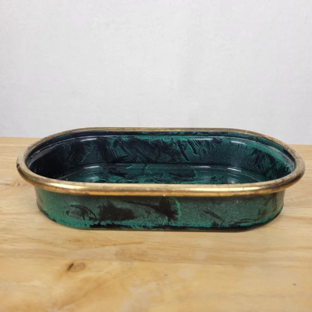 Jolly Hotels Vintage Green and Gold Metal Catch-All Tray Hollywood Regency Moody